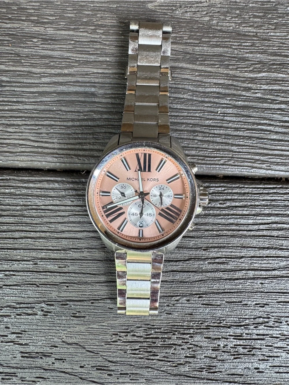 Michael Kors women’s  Silver Watch with Rose Gold Dial and Chronograph